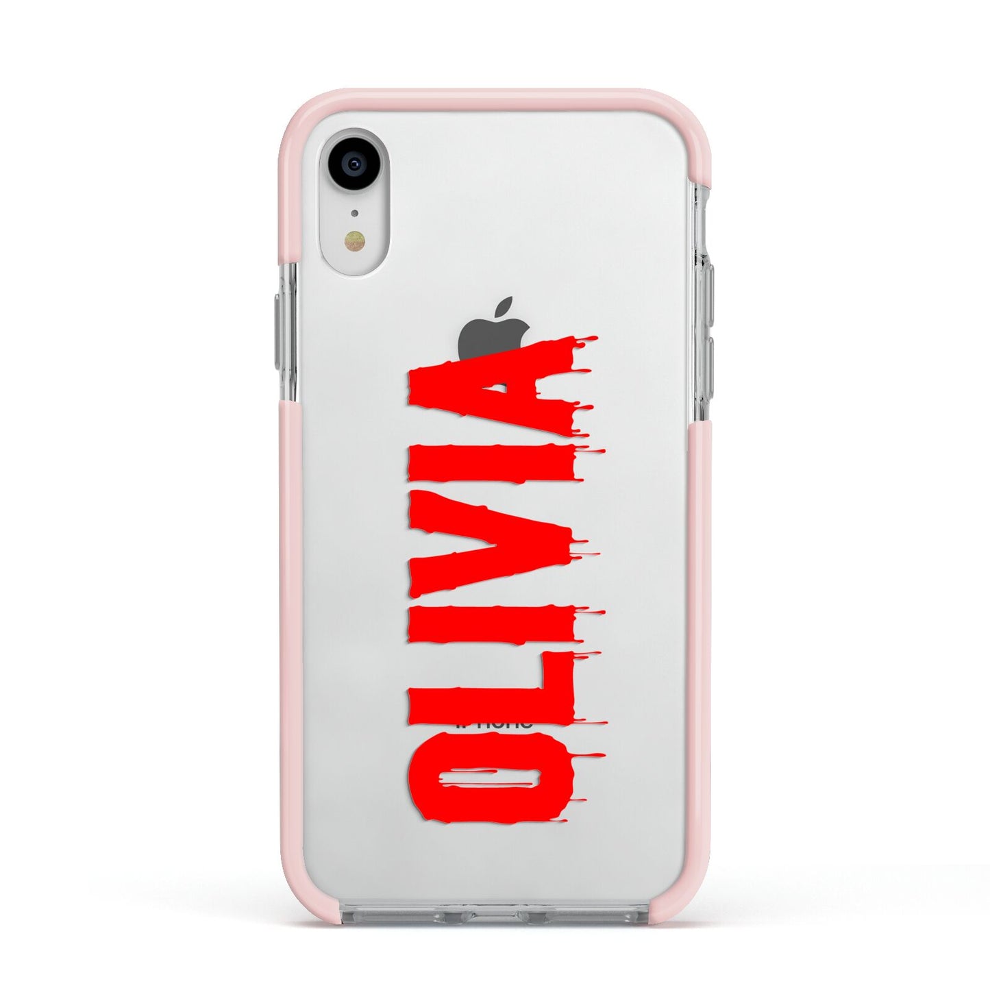 Customised Name Blood Apple iPhone XR Impact Case Pink Edge on Silver Phone