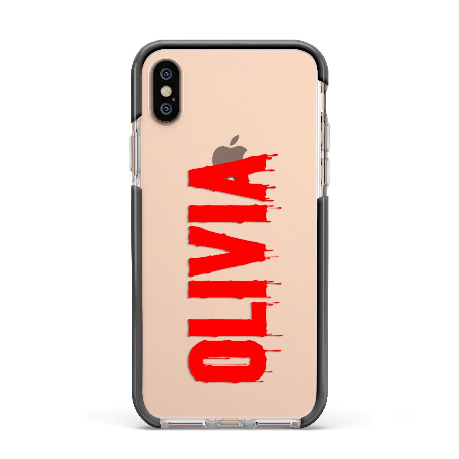 Customised Name Blood Apple iPhone Xs Impact Case Black Edge on Gold Phone