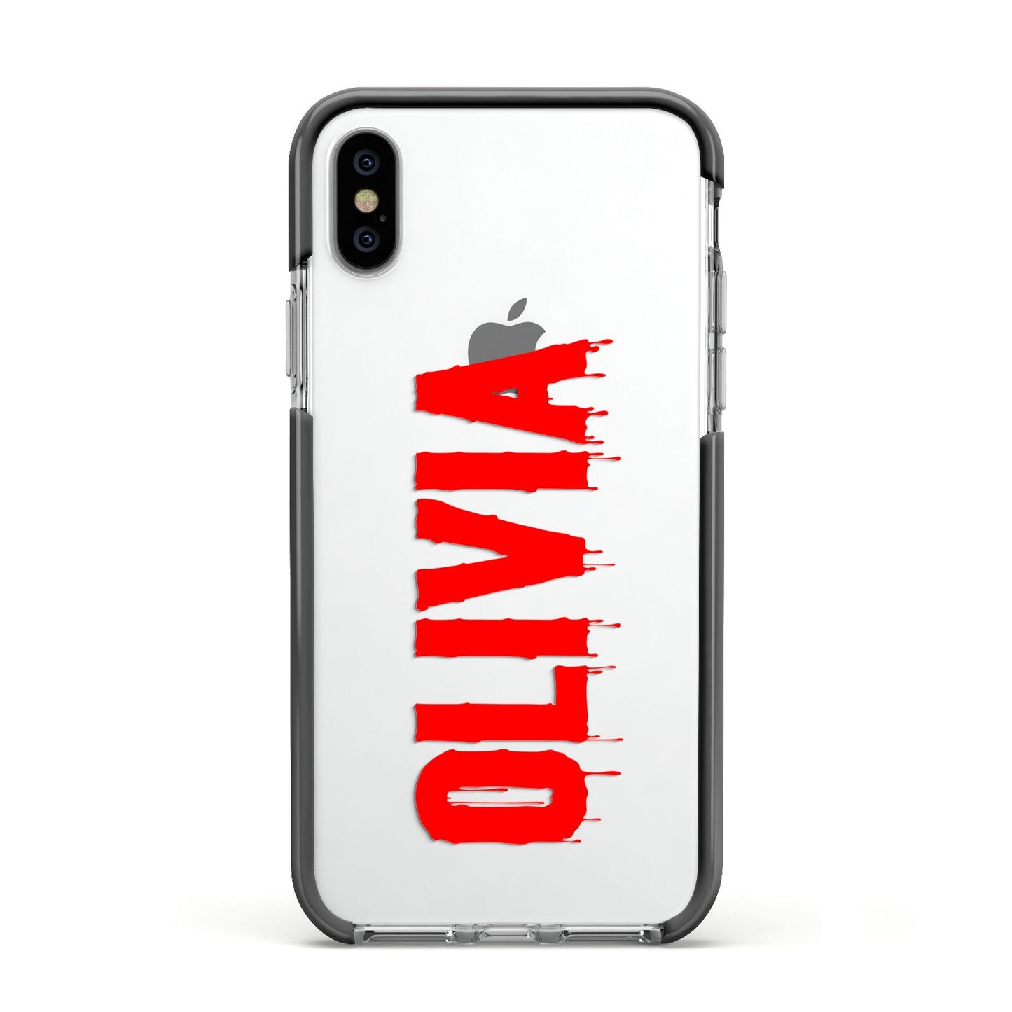 Customised Name Blood Apple iPhone Xs Impact Case Black Edge on Silver Phone