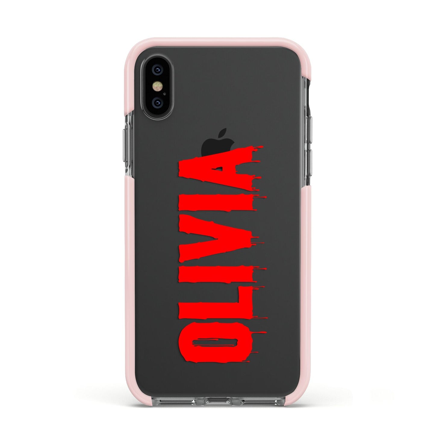 Customised Name Blood Apple iPhone Xs Impact Case Pink Edge on Black Phone