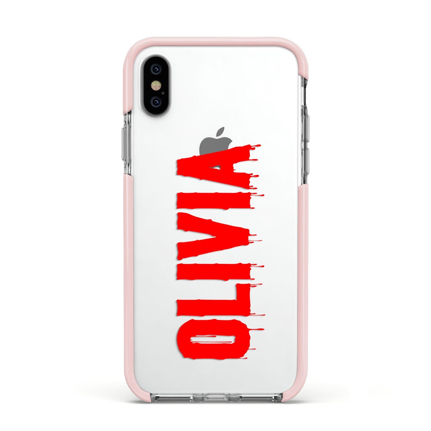 Customised Name Blood Apple iPhone Xs Impact Case Pink Edge on Silver Phone