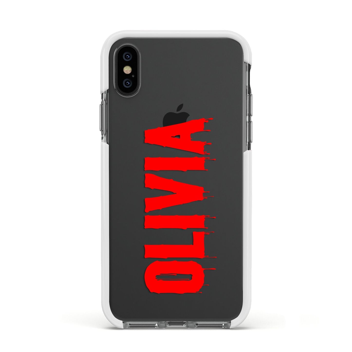 Customised Name Blood Apple iPhone Xs Impact Case White Edge on Black Phone