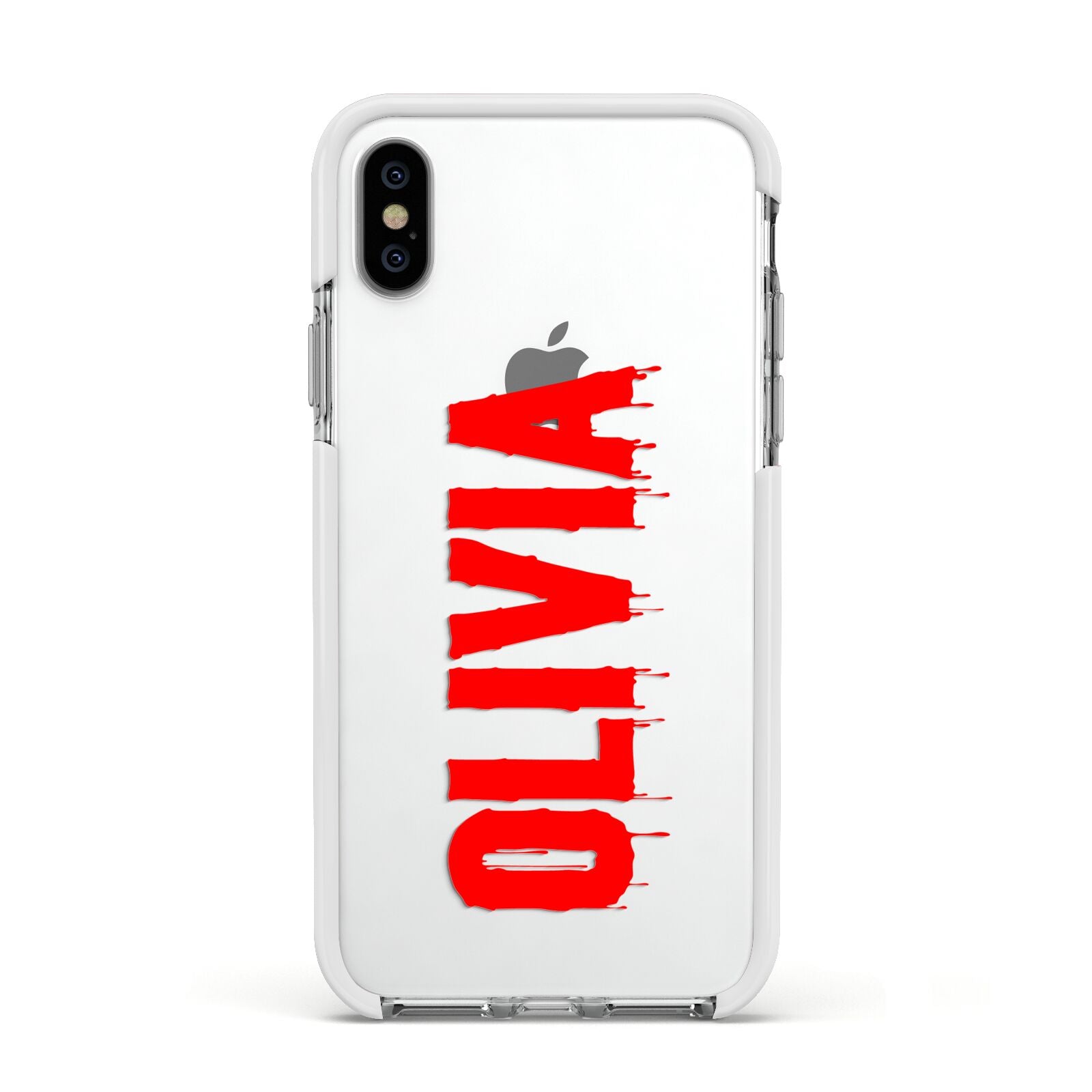 Customised Name Blood Apple iPhone Xs Impact Case White Edge on Silver Phone