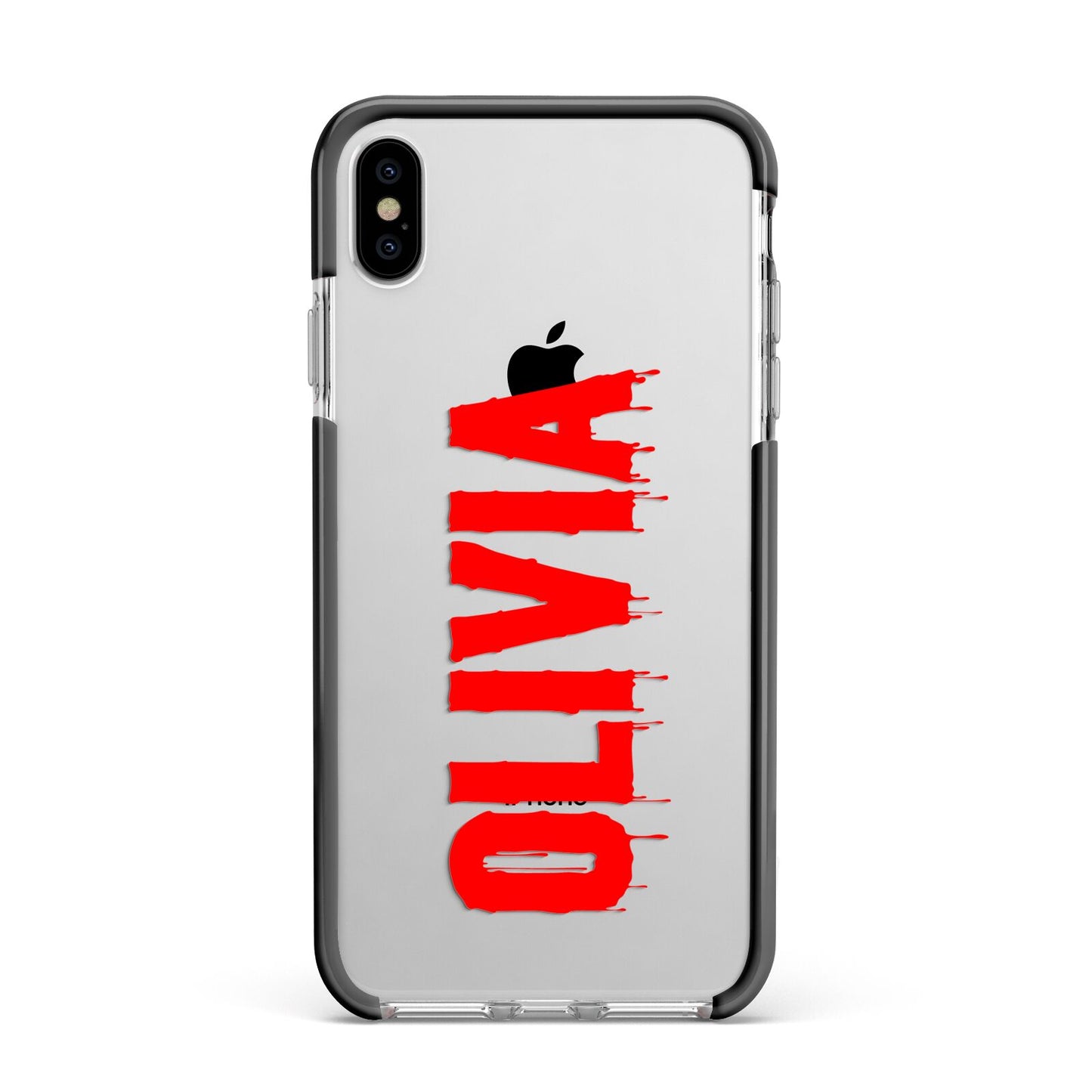 Customised Name Blood Apple iPhone Xs Max Impact Case Black Edge on Silver Phone