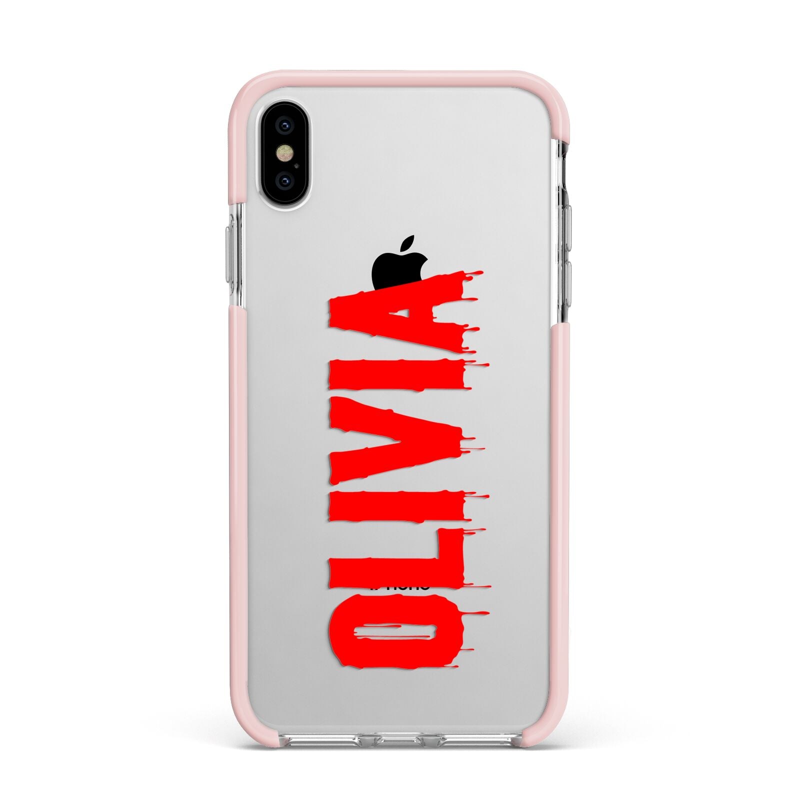 Customised Name Blood Apple iPhone Xs Max Impact Case Pink Edge on Silver Phone