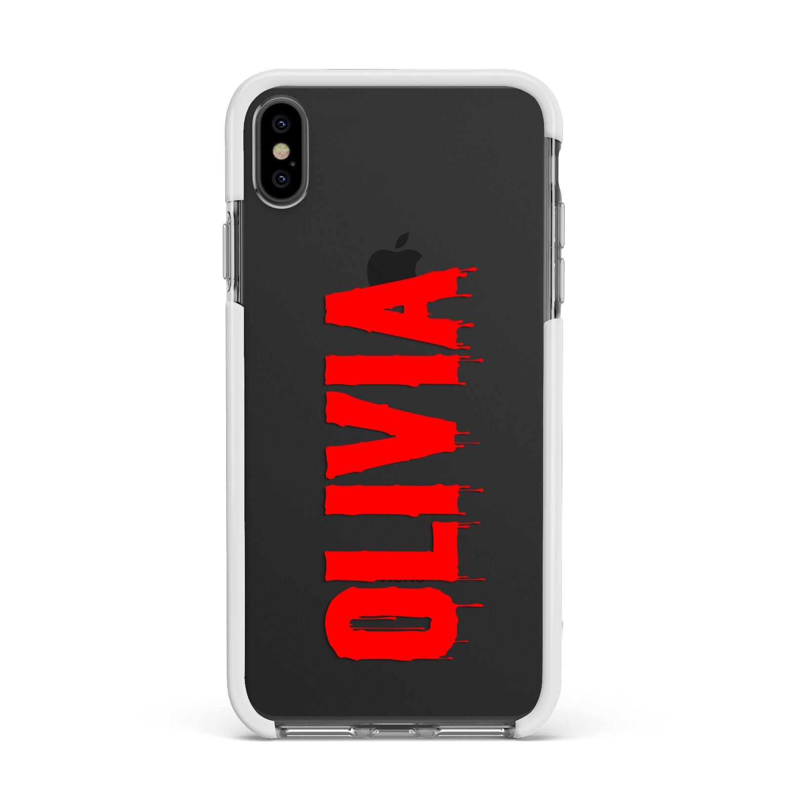 Customised Name Blood Apple iPhone Xs Max Impact Case White Edge on Black Phone