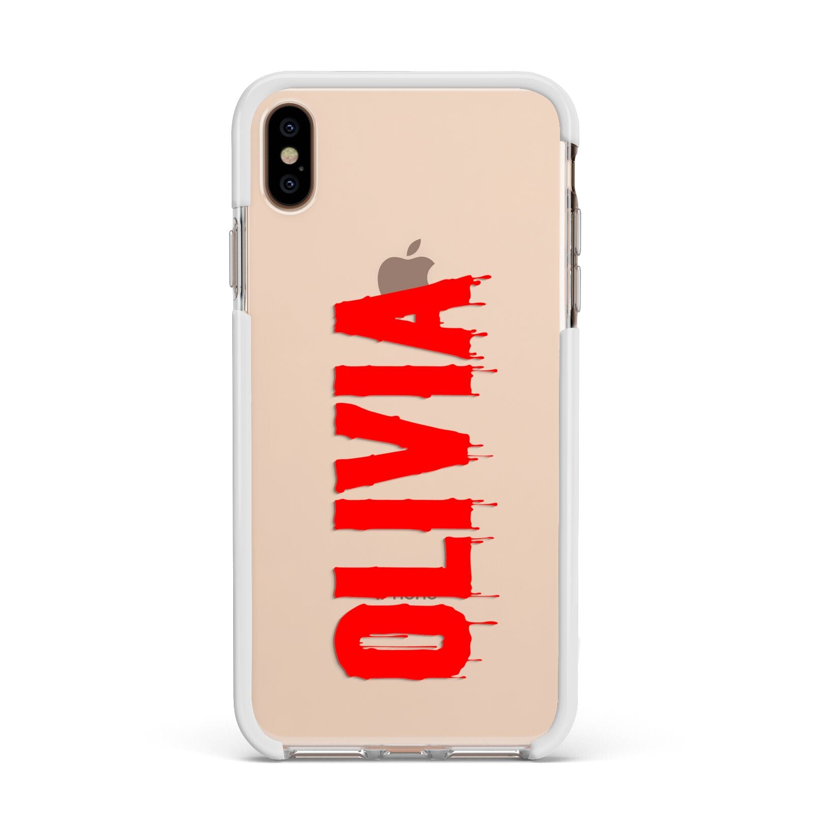 Customised Name Blood Apple iPhone Xs Max Impact Case White Edge on Gold Phone