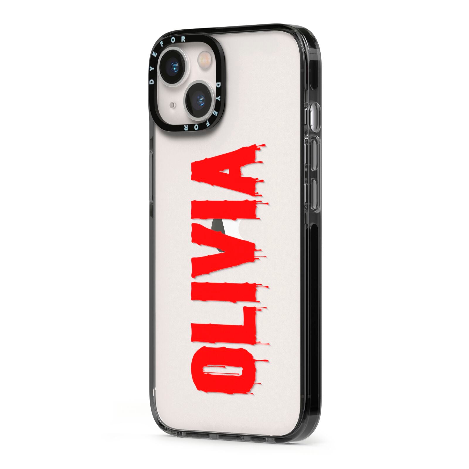 Customised Name Blood iPhone 13 Black Impact Case Side Angle on Silver phone