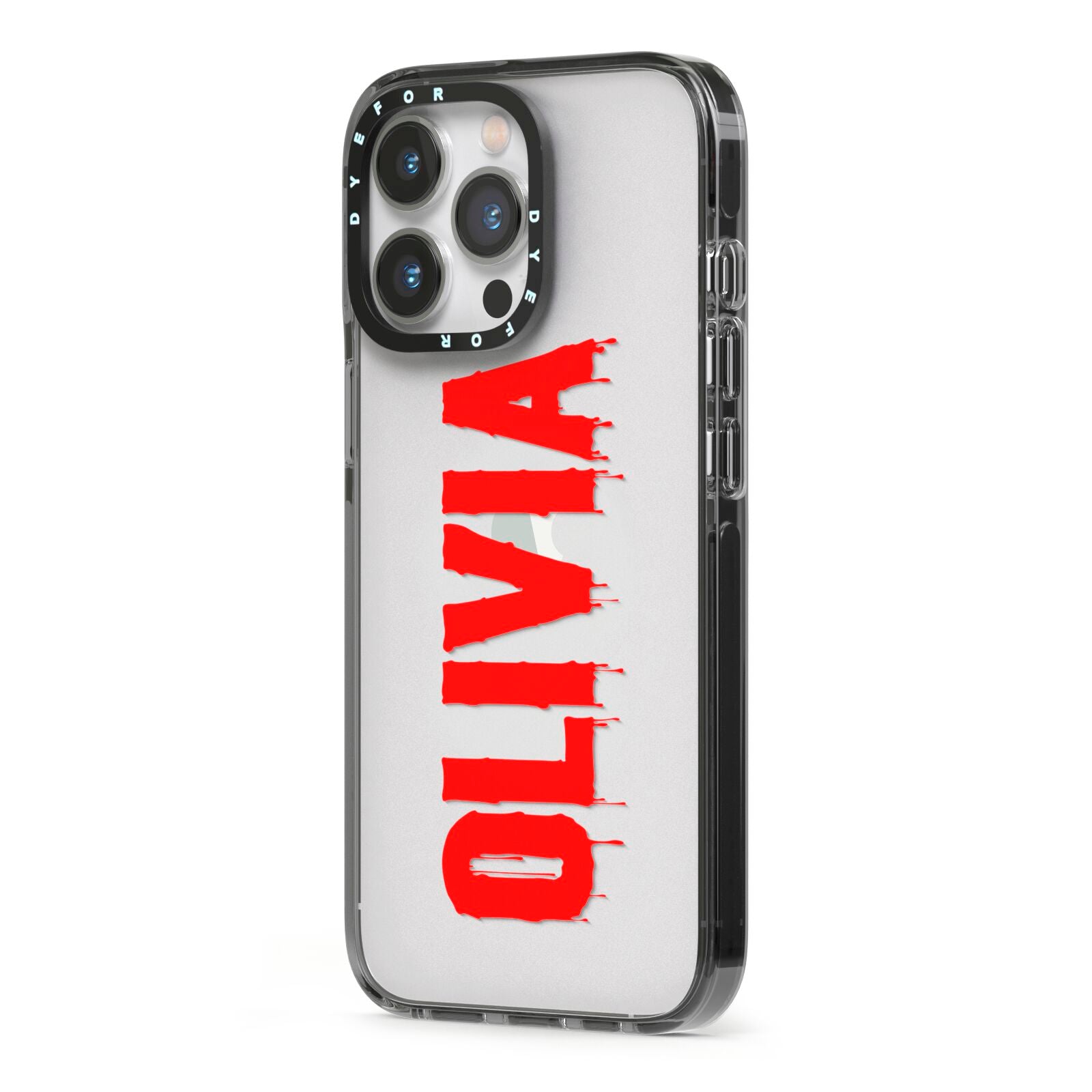 Customised Name Blood iPhone 13 Pro Black Impact Case Side Angle on Silver phone