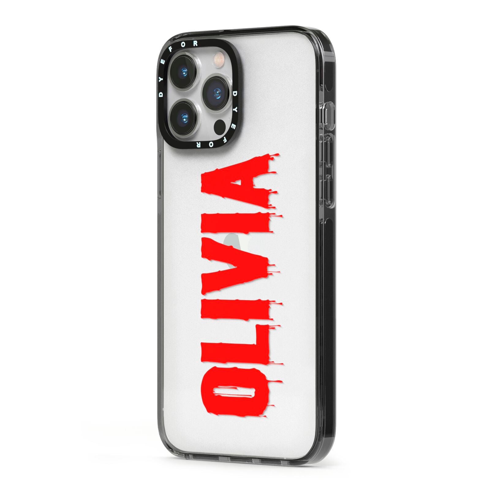 Customised Name Blood iPhone 13 Pro Max Black Impact Case Side Angle on Silver phone