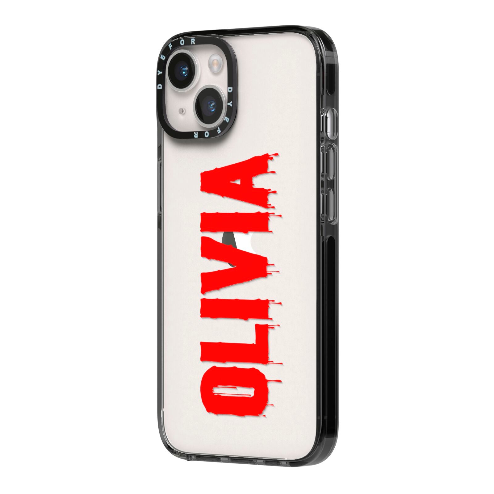 Customised Name Blood iPhone 14 Black Impact Case Side Angle on Silver phone