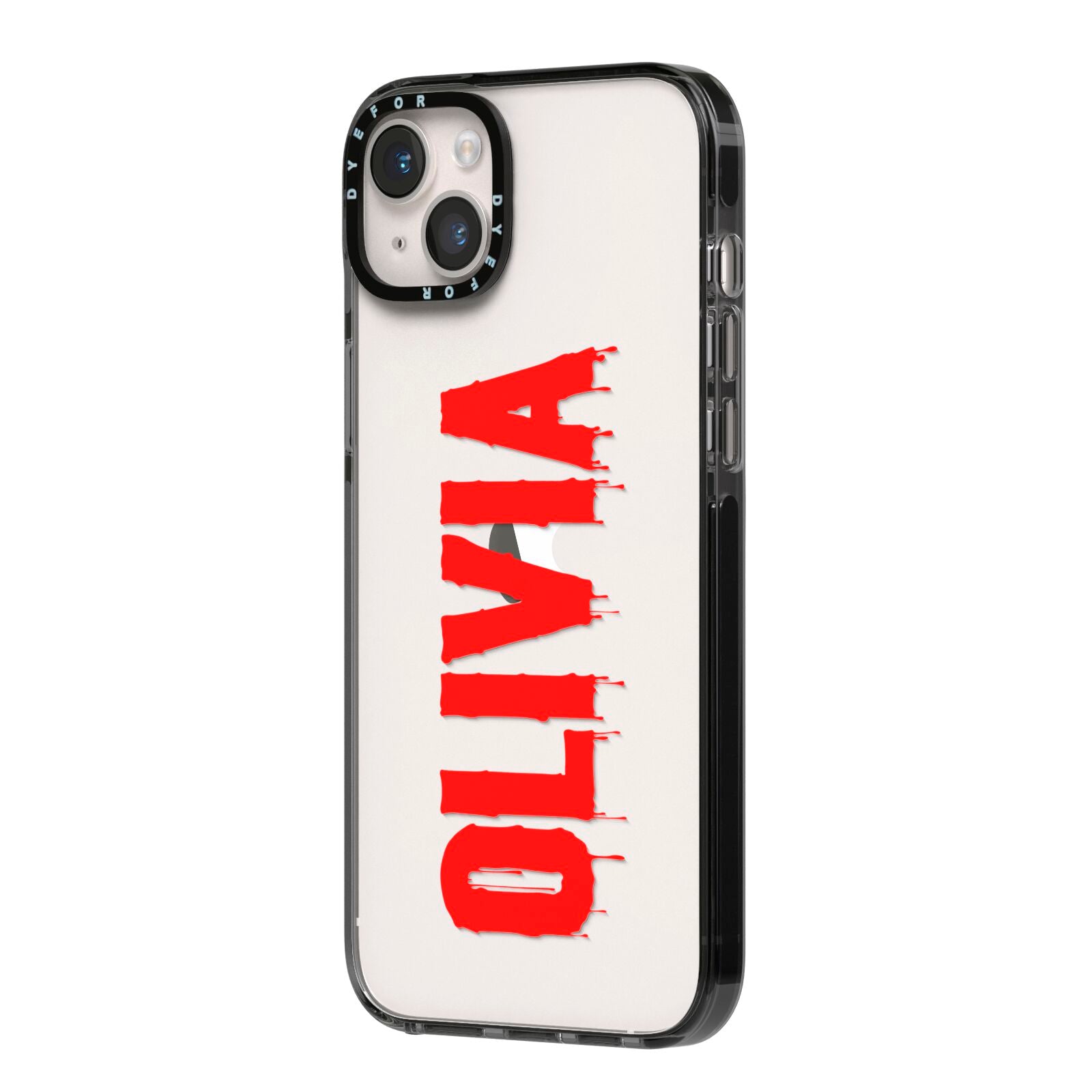 Customised Name Blood iPhone 14 Plus Black Impact Case Side Angle on Silver phone