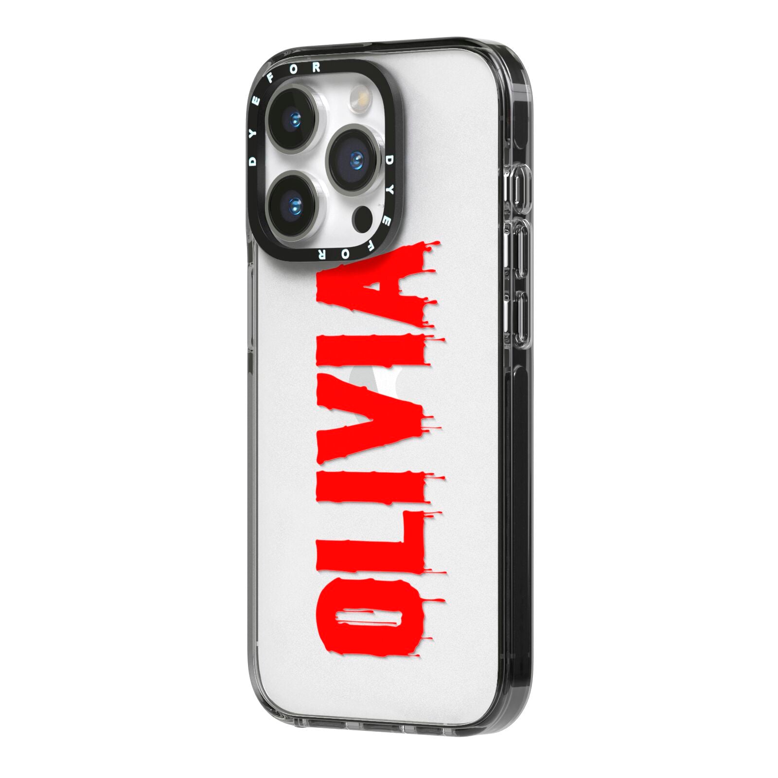 Customised Name Blood iPhone 14 Pro Black Impact Case Side Angle on Silver phone