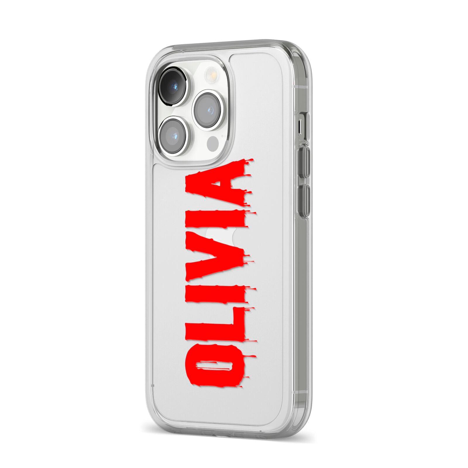 Customised Name Blood iPhone 14 Pro Clear Tough Case Silver Angled Image