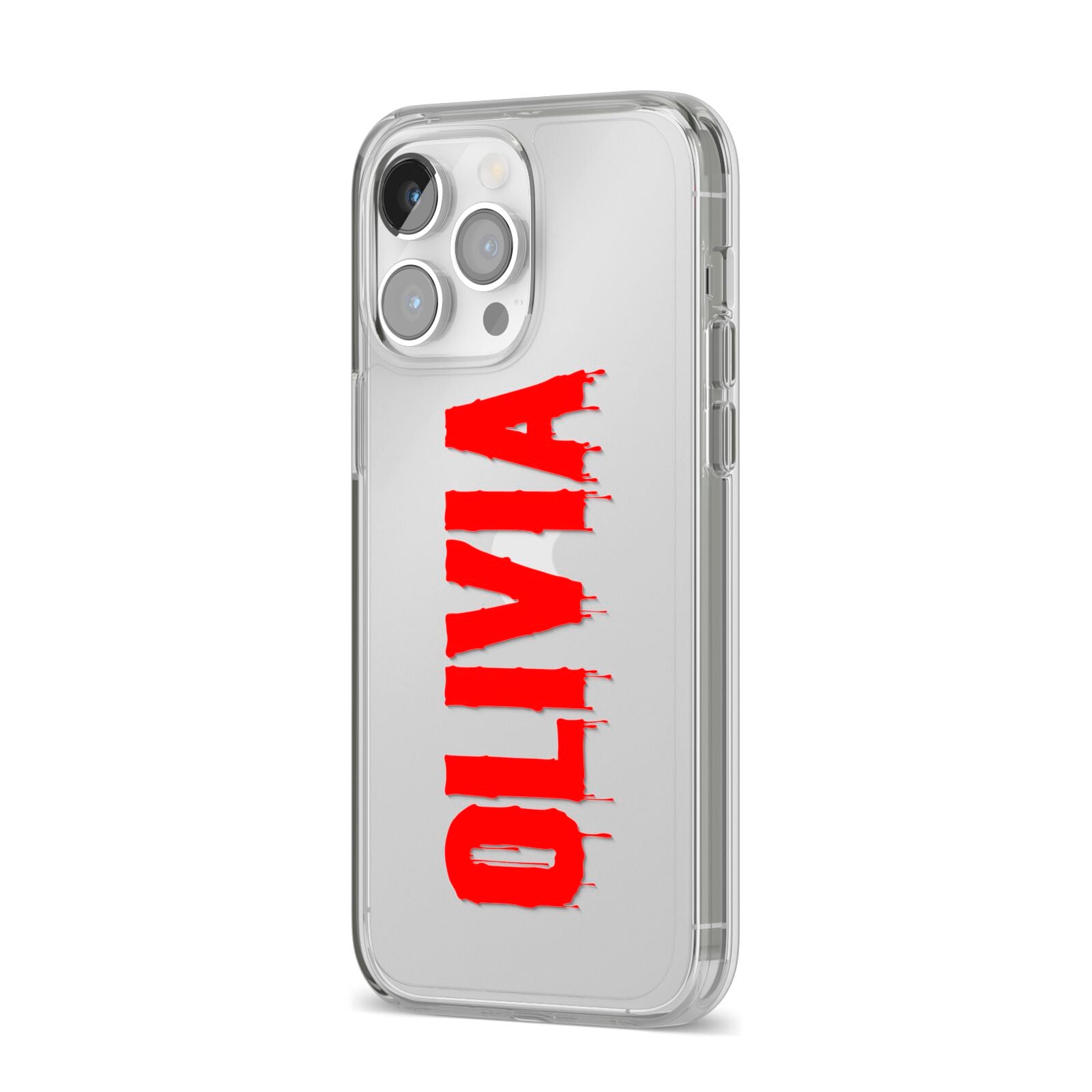 Customised Name Blood iPhone 14 Pro Max Clear Tough Case Silver Angled Image