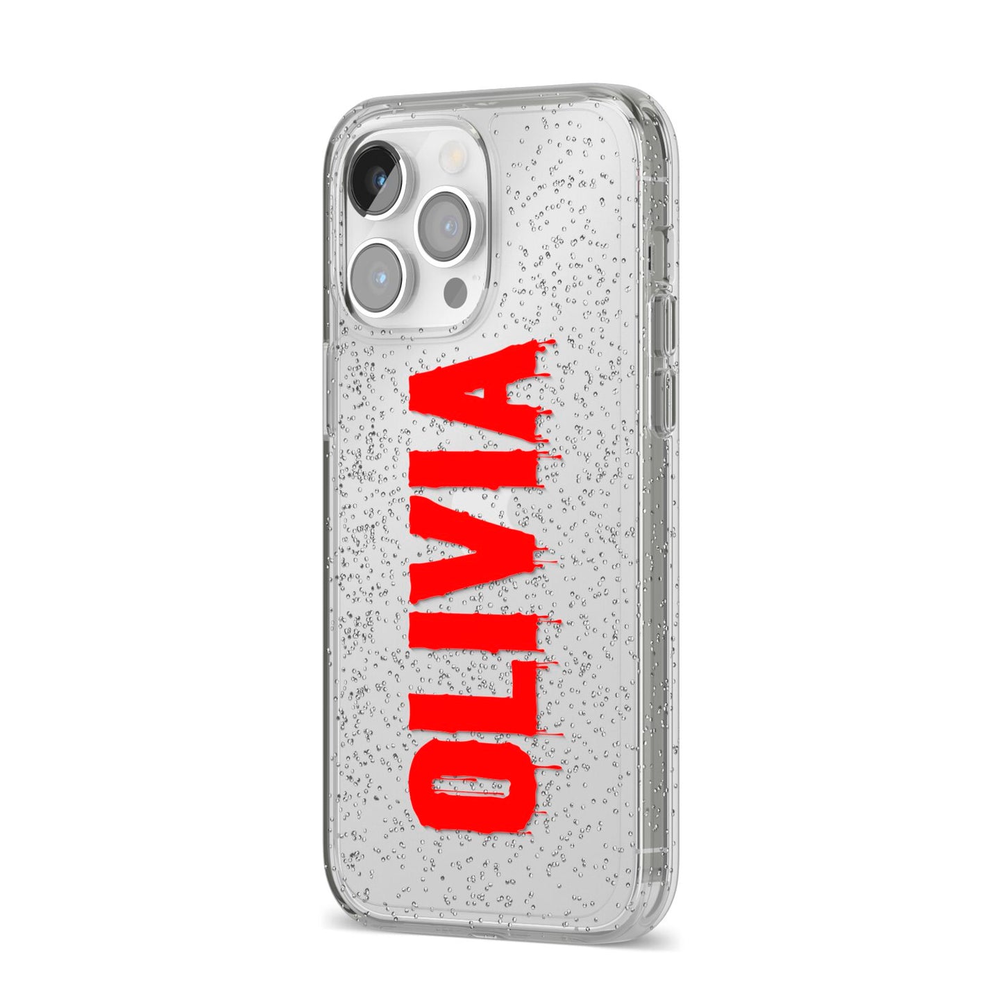 Customised Name Blood iPhone 14 Pro Max Glitter Tough Case Silver Angled Image