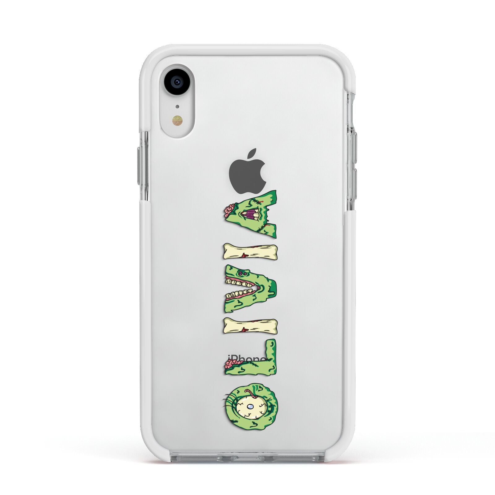 Customised Name Zombie Apple iPhone XR Impact Case White Edge on Silver Phone