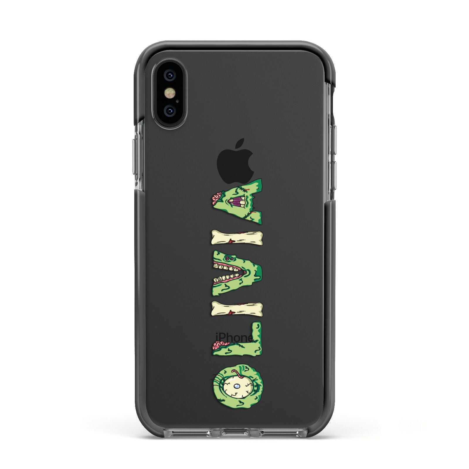 Customised Name Zombie Apple iPhone Xs Impact Case Black Edge on Black Phone