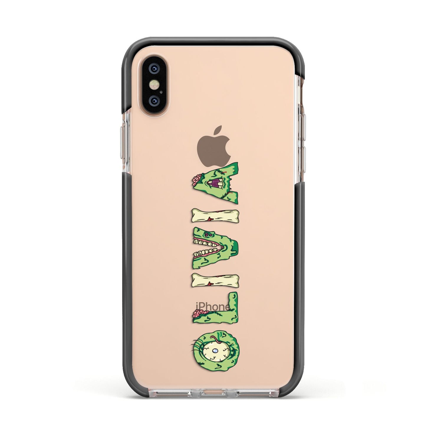 Customised Name Zombie Apple iPhone Xs Impact Case Black Edge on Gold Phone