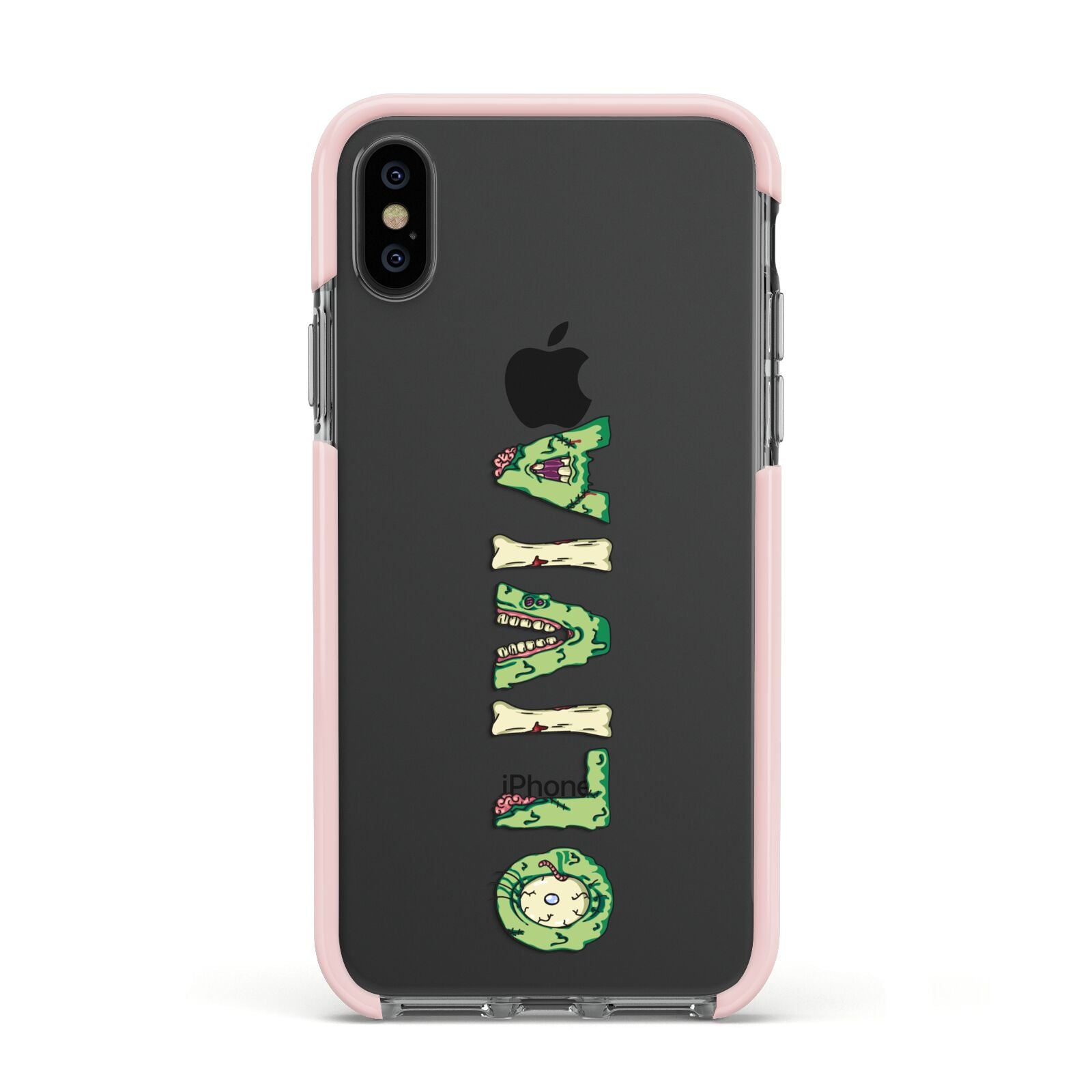 Customised Name Zombie Apple iPhone Xs Impact Case Pink Edge on Black Phone