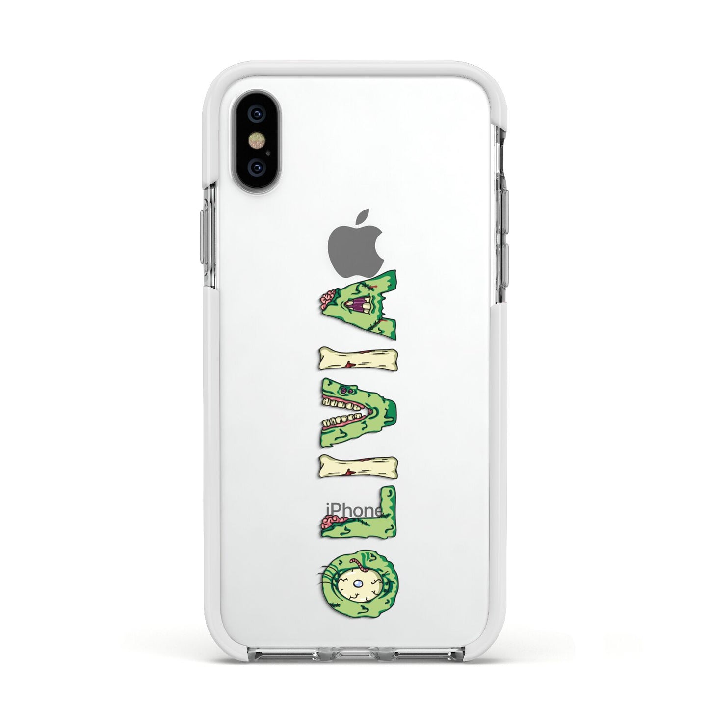 Customised Name Zombie Apple iPhone Xs Impact Case White Edge on Silver Phone