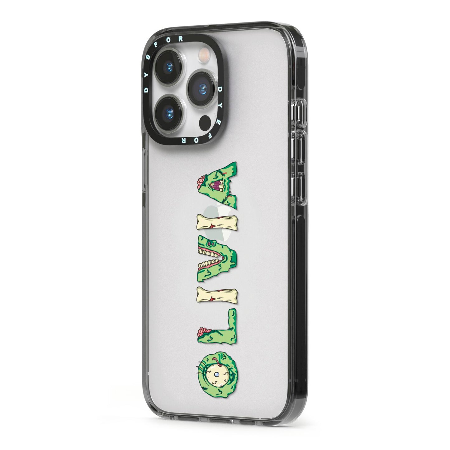 Customised Name Zombie iPhone 13 Pro Black Impact Case Side Angle on Silver phone