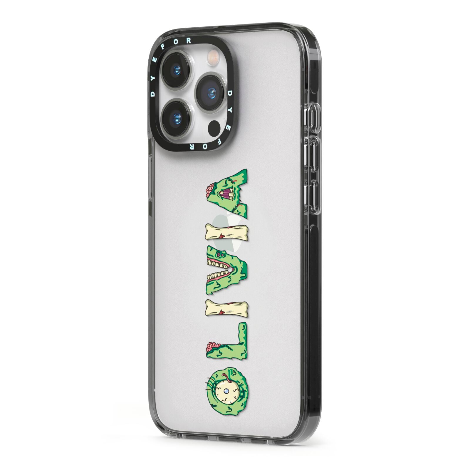 Customised Name Zombie iPhone 13 Pro Black Impact Case Side Angle on Silver phone