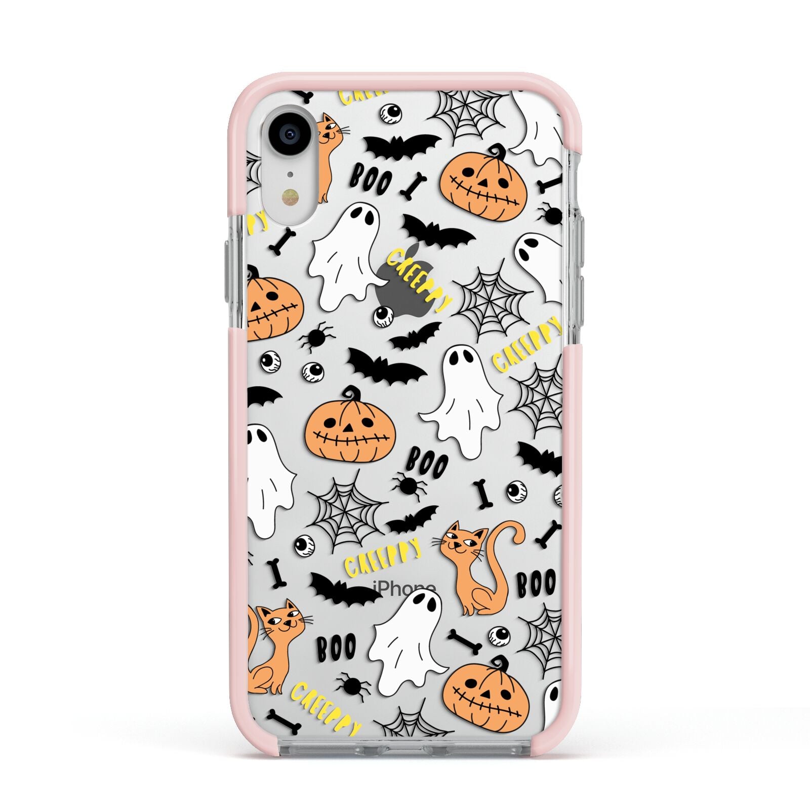 Cute Colourful Halloween Apple iPhone XR Impact Case Pink Edge on Silver Phone