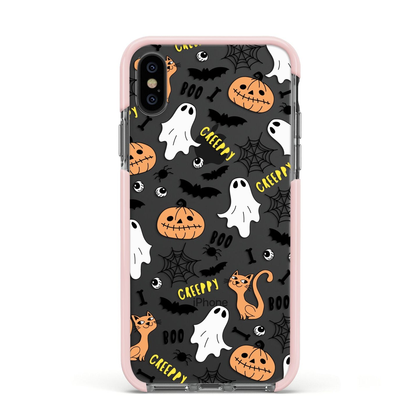 Cute Colourful Halloween Apple iPhone Xs Impact Case Pink Edge on Black Phone