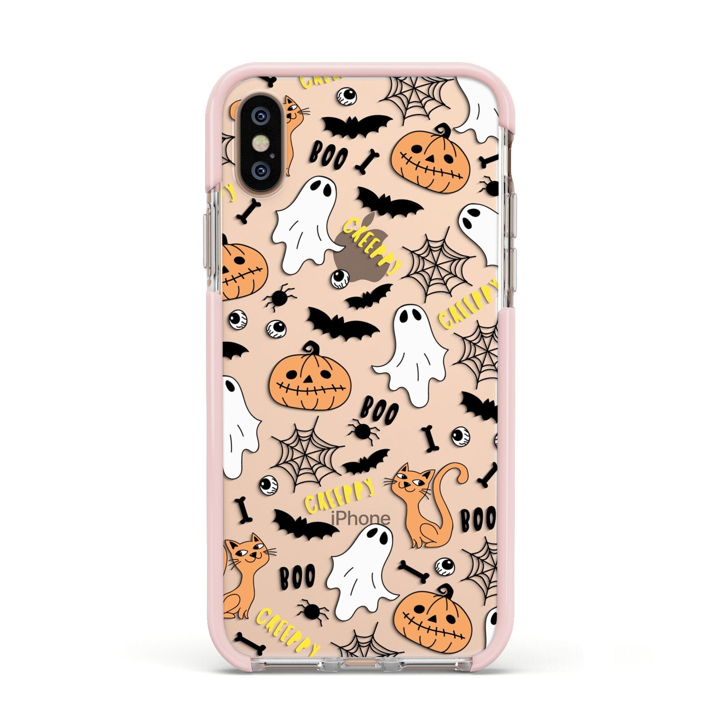 Cute Colourful Halloween Apple iPhone Xs Impact Case Pink Edge on Gold Phone