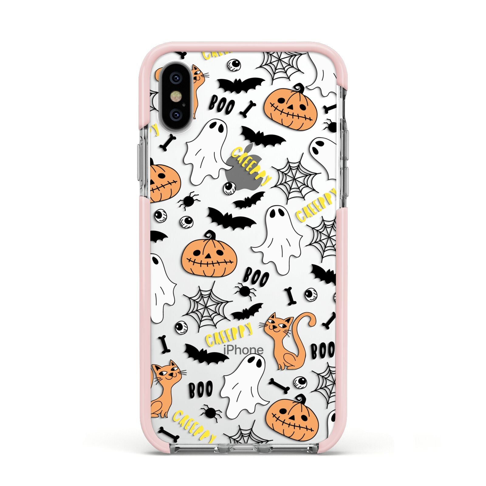 Cute Colourful Halloween Apple iPhone Xs Impact Case Pink Edge on Silver Phone