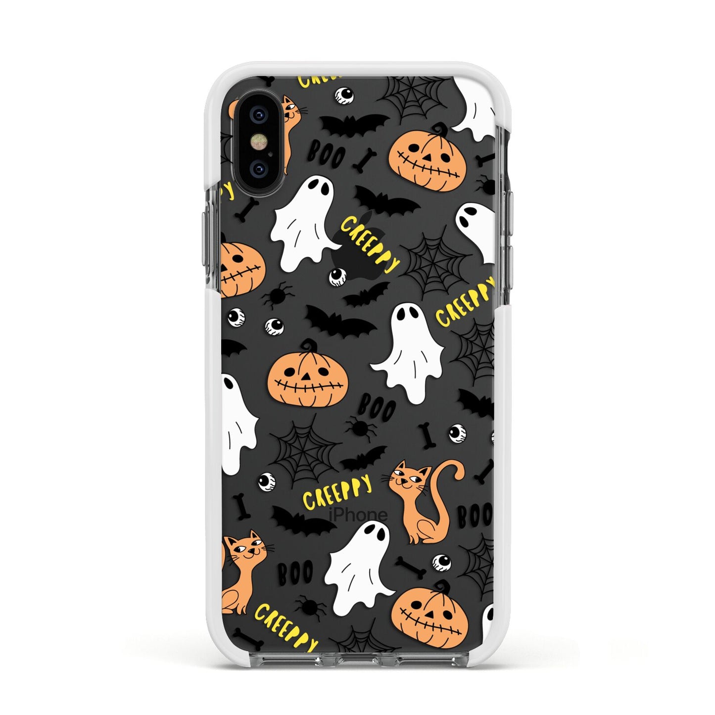 Cute Colourful Halloween Apple iPhone Xs Impact Case White Edge on Black Phone