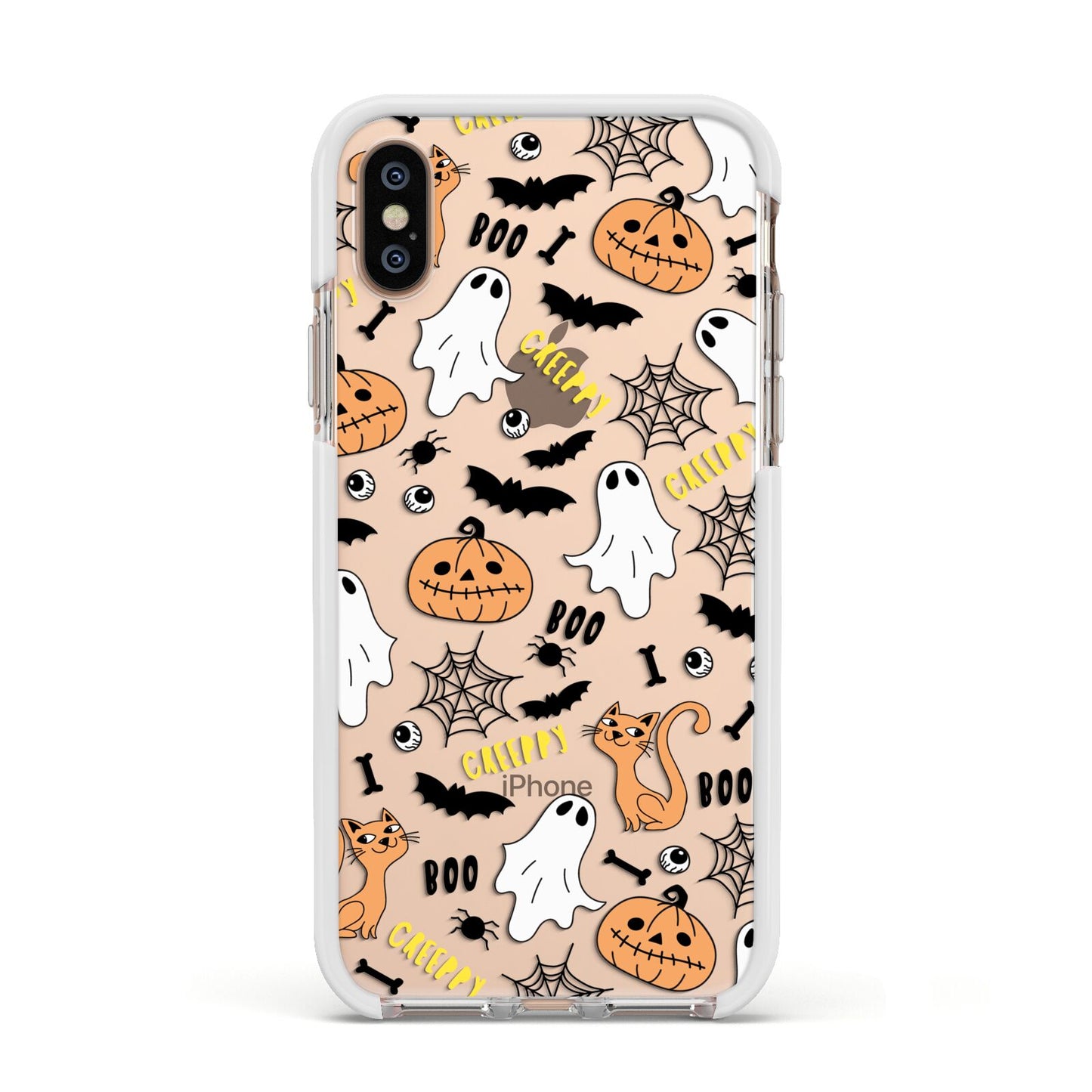 Cute Colourful Halloween Apple iPhone Xs Impact Case White Edge on Gold Phone