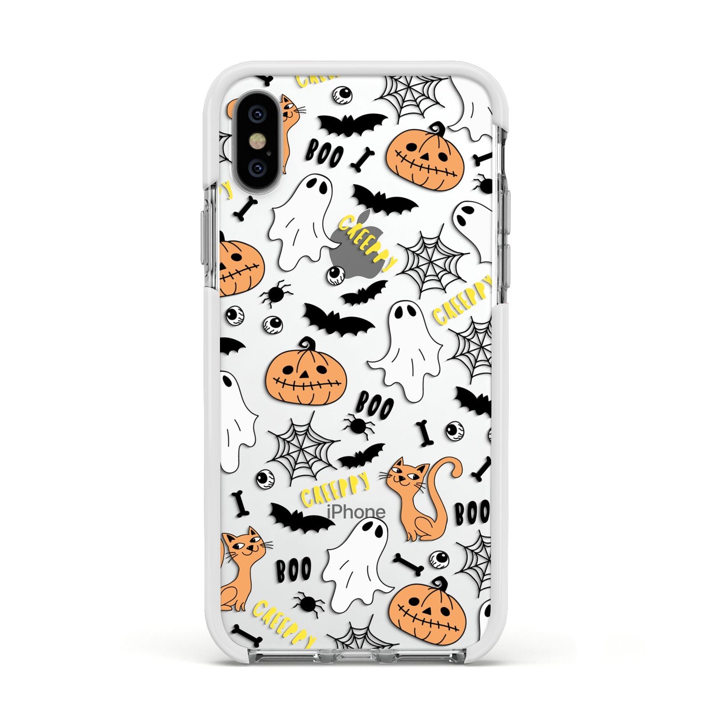 Cute Colourful Halloween Apple iPhone Xs Impact Case White Edge on Silver Phone