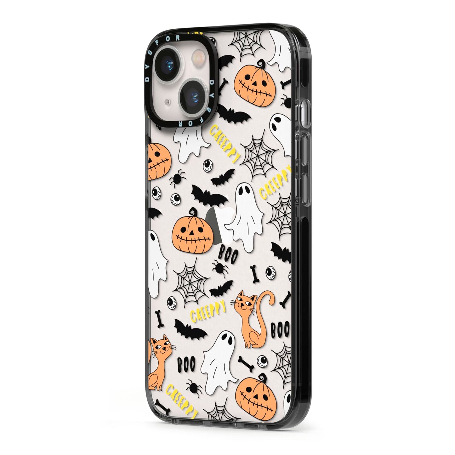 Cute Colourful Halloween iPhone 13 Black Impact Case Side Angle on Silver phone