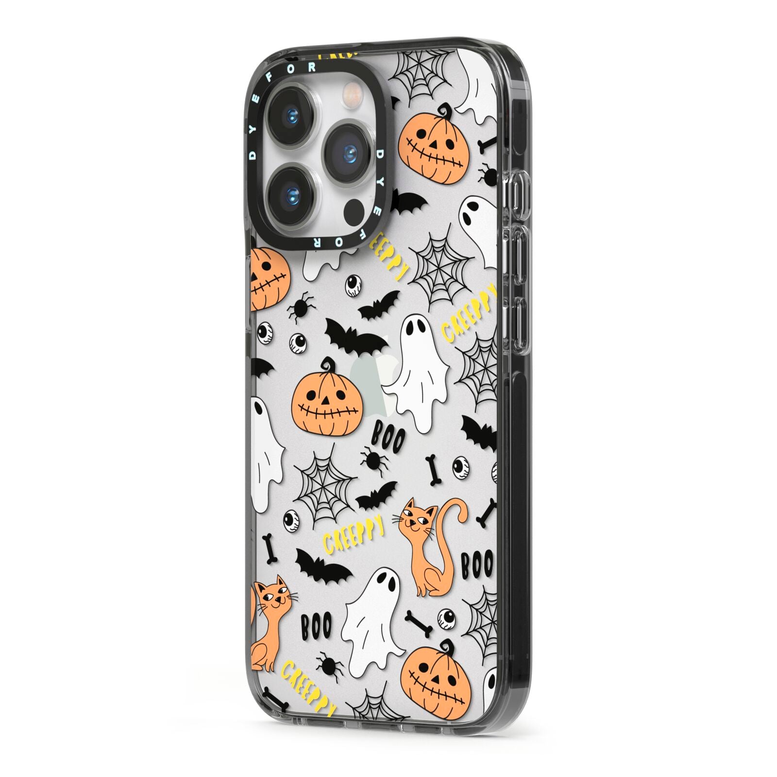 Cute Colourful Halloween iPhone 13 Pro Black Impact Case Side Angle on Silver phone