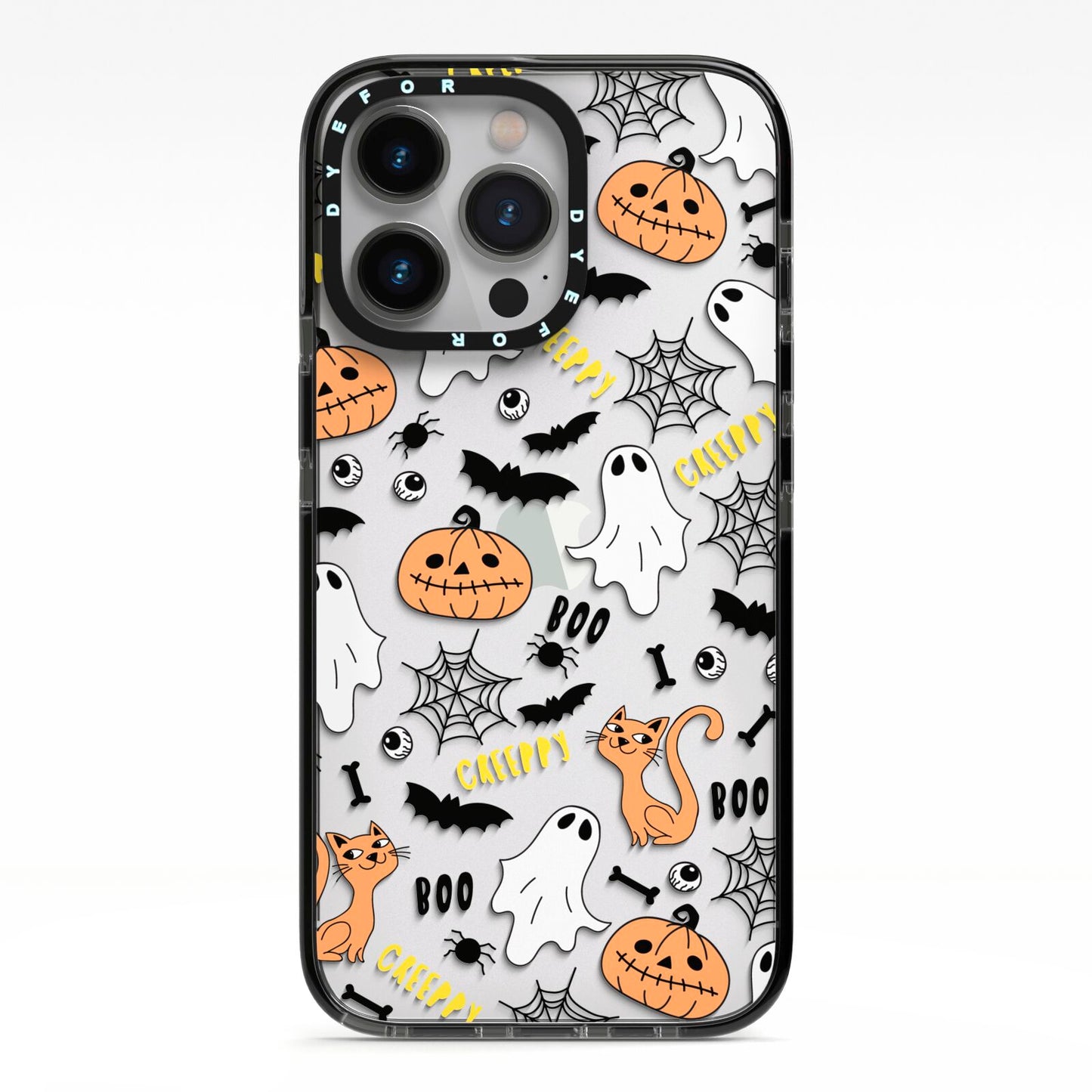 Cute Colourful Halloween iPhone 13 Pro Black Impact Case on Silver phone