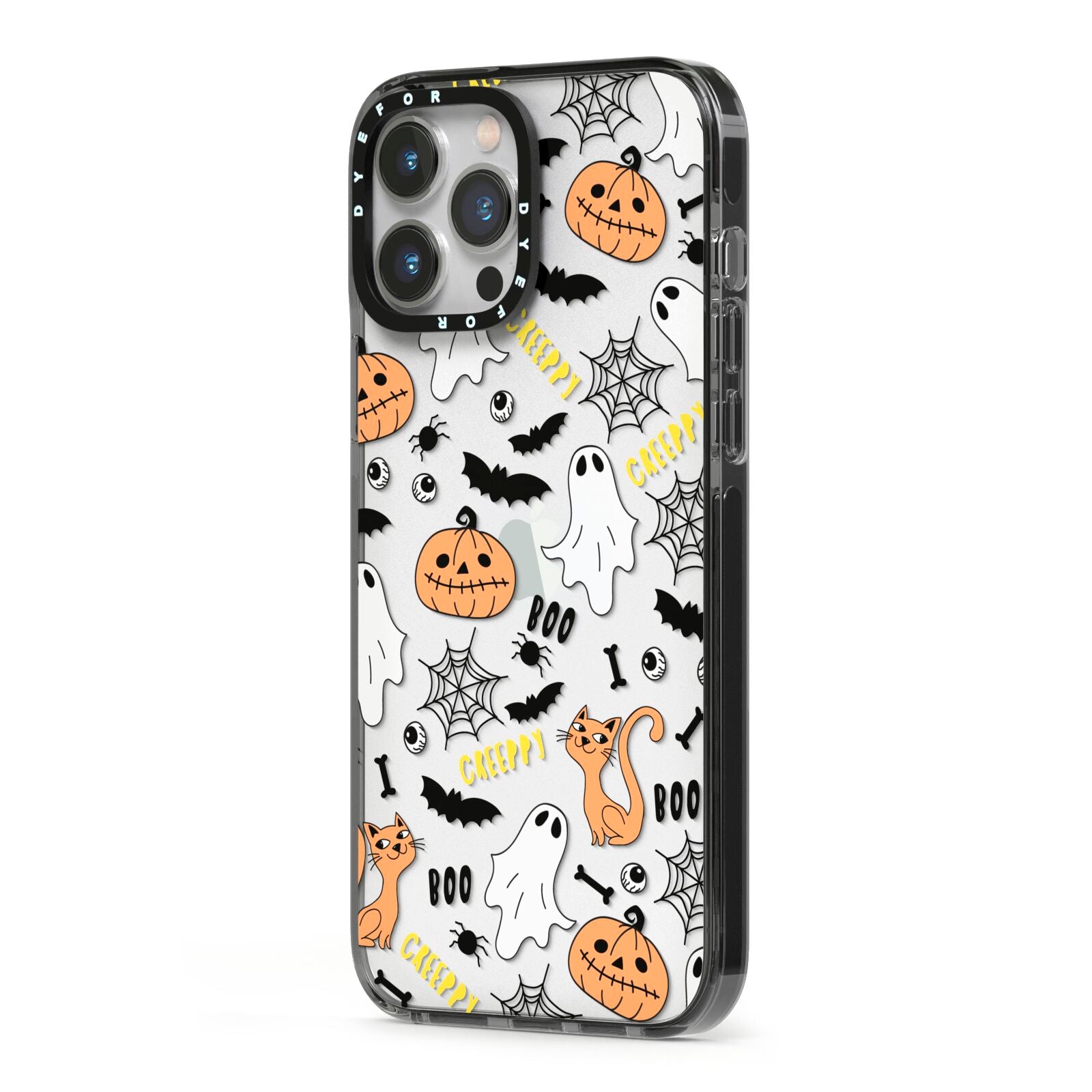 Cute Colourful Halloween iPhone 13 Pro Max Black Impact Case Side Angle on Silver phone