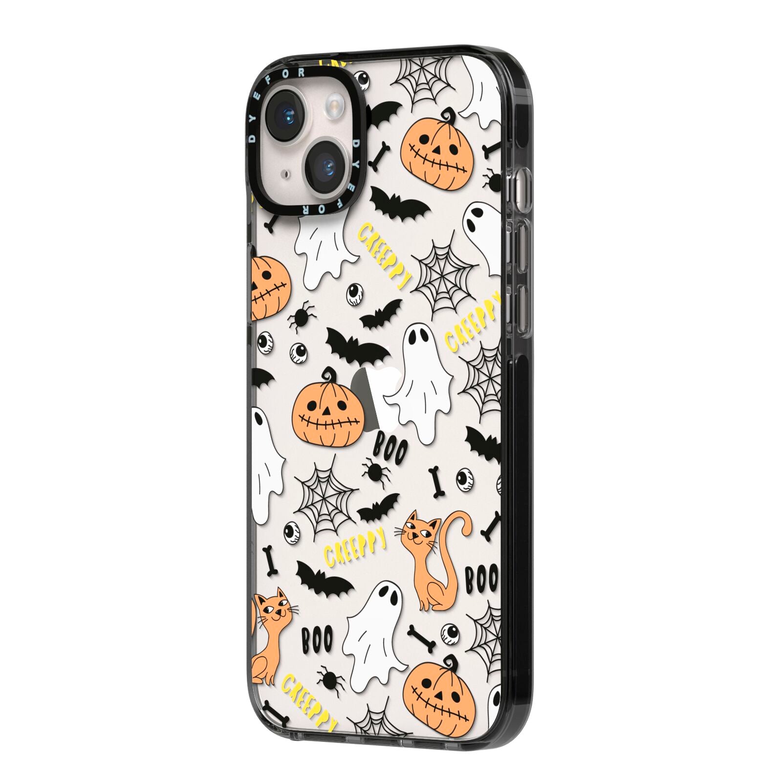 Cute Colourful Halloween iPhone 14 Plus Black Impact Case Side Angle on Silver phone