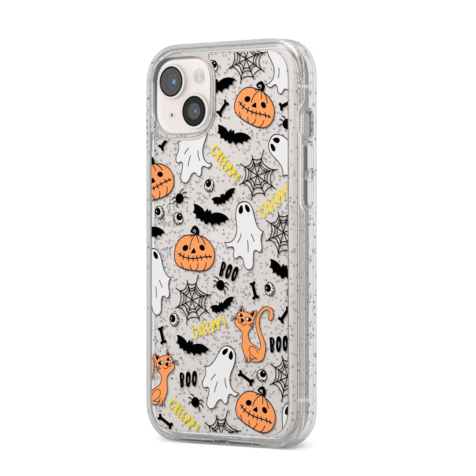 Cute Colourful Halloween iPhone 14 Plus Glitter Tough Case Starlight Angled Image