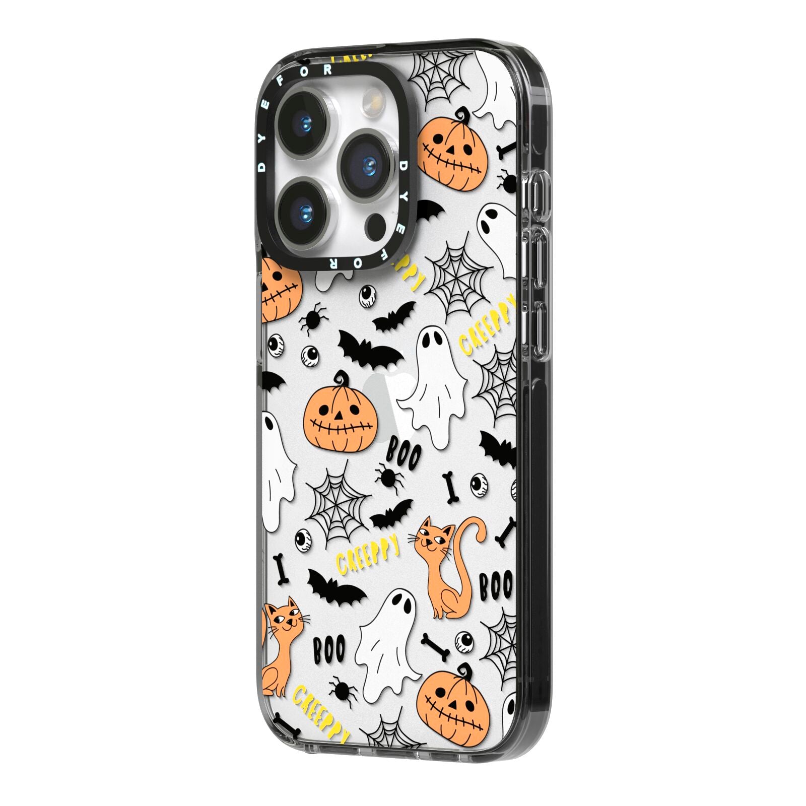 Cute Colourful Halloween iPhone 14 Pro Black Impact Case Side Angle on Silver phone