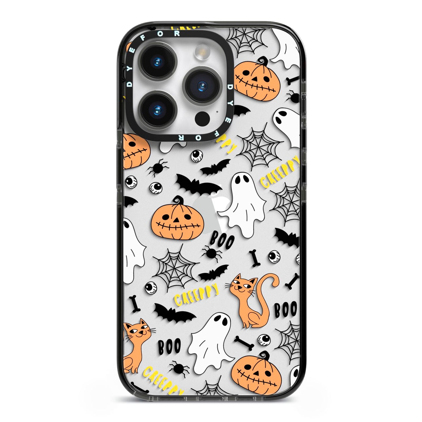 Cute Colourful Halloween iPhone 14 Pro Black Impact Case on Silver phone