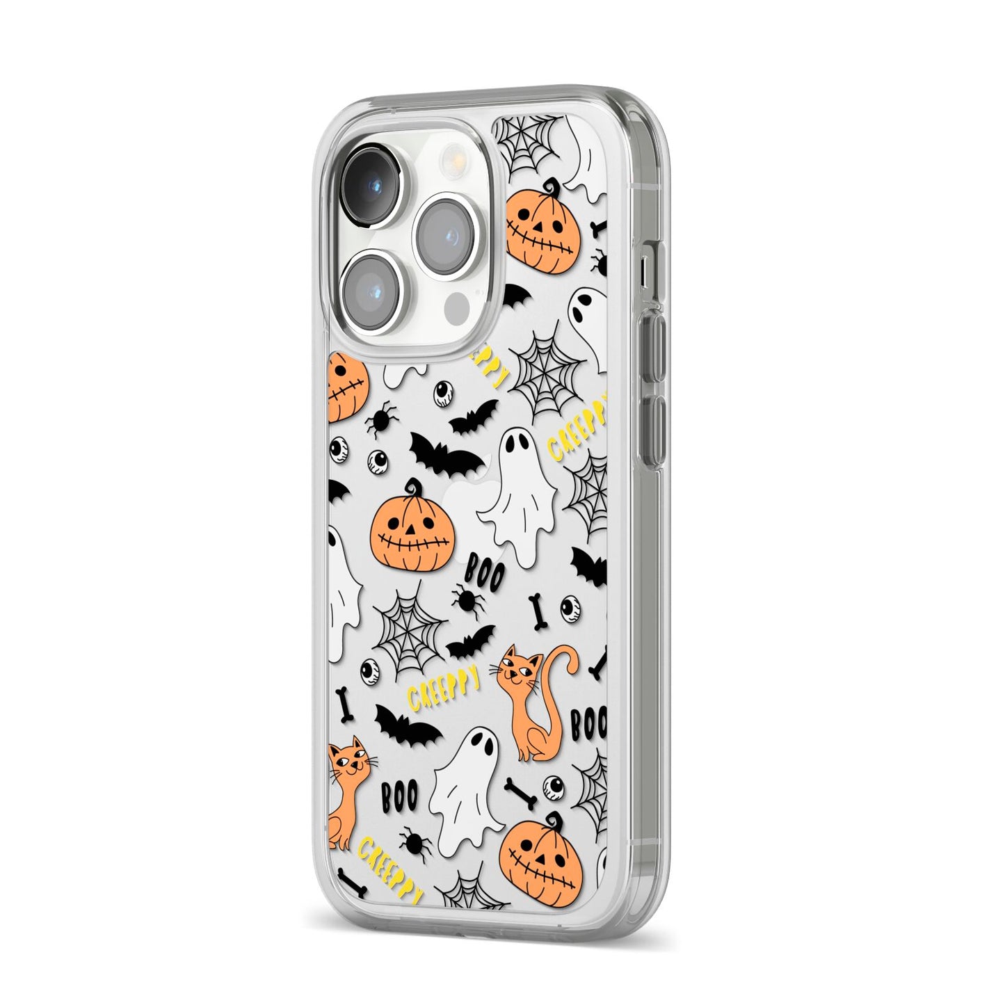 Cute Colourful Halloween iPhone 14 Pro Clear Tough Case Silver Angled Image