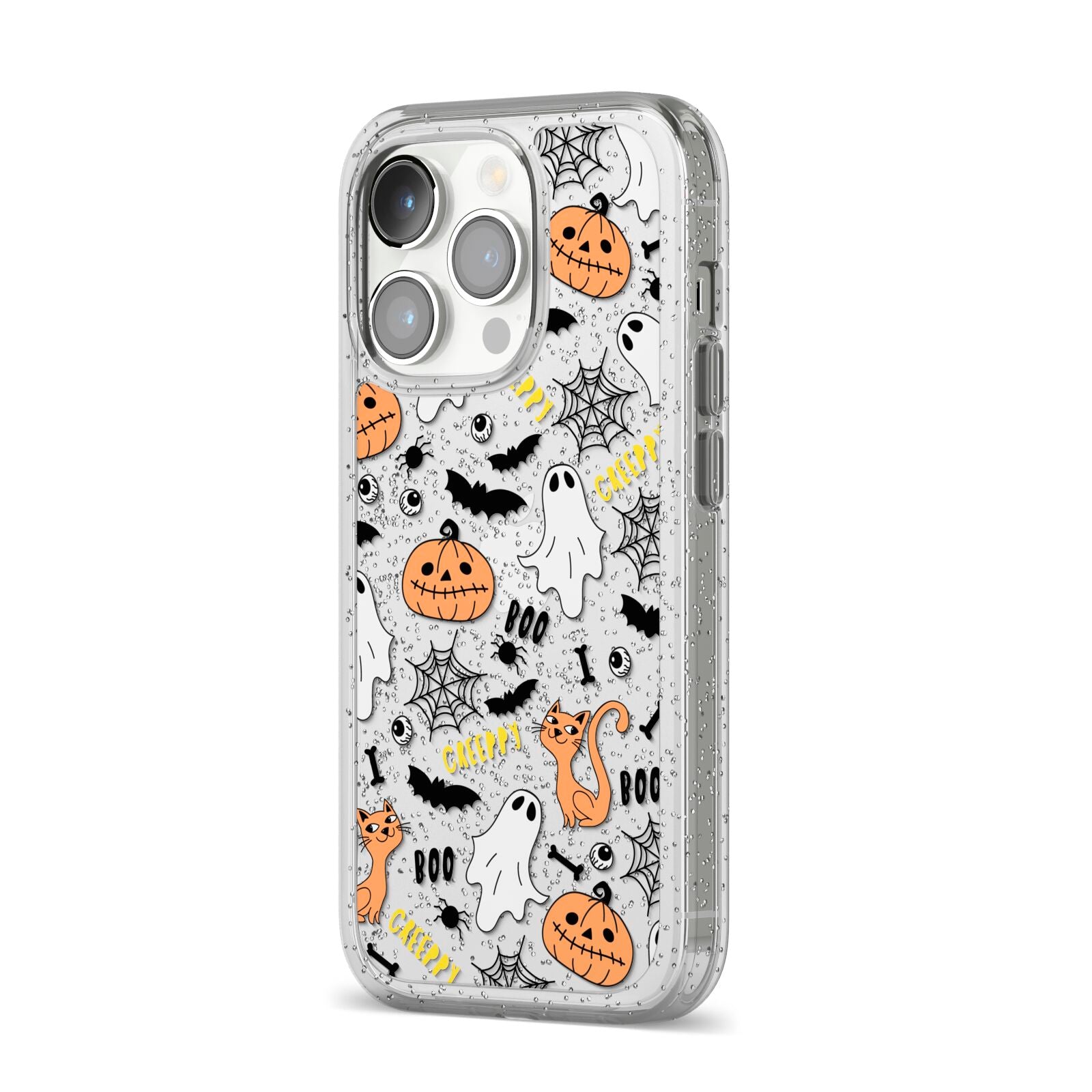 Cute Colourful Halloween iPhone 14 Pro Glitter Tough Case Silver Angled Image