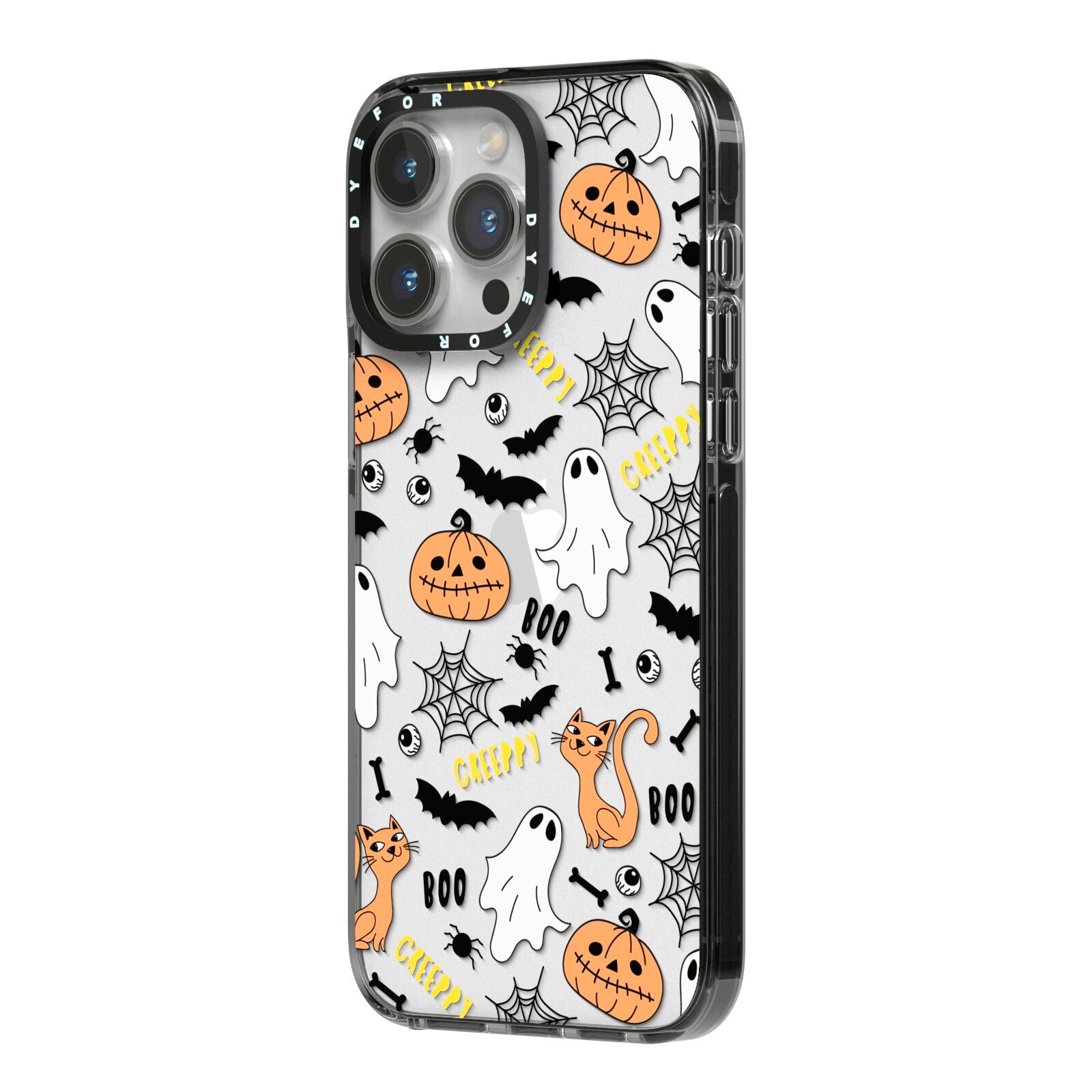 Cute Colourful Halloween iPhone 14 Pro Max Black Impact Case Side Angle on Silver phone