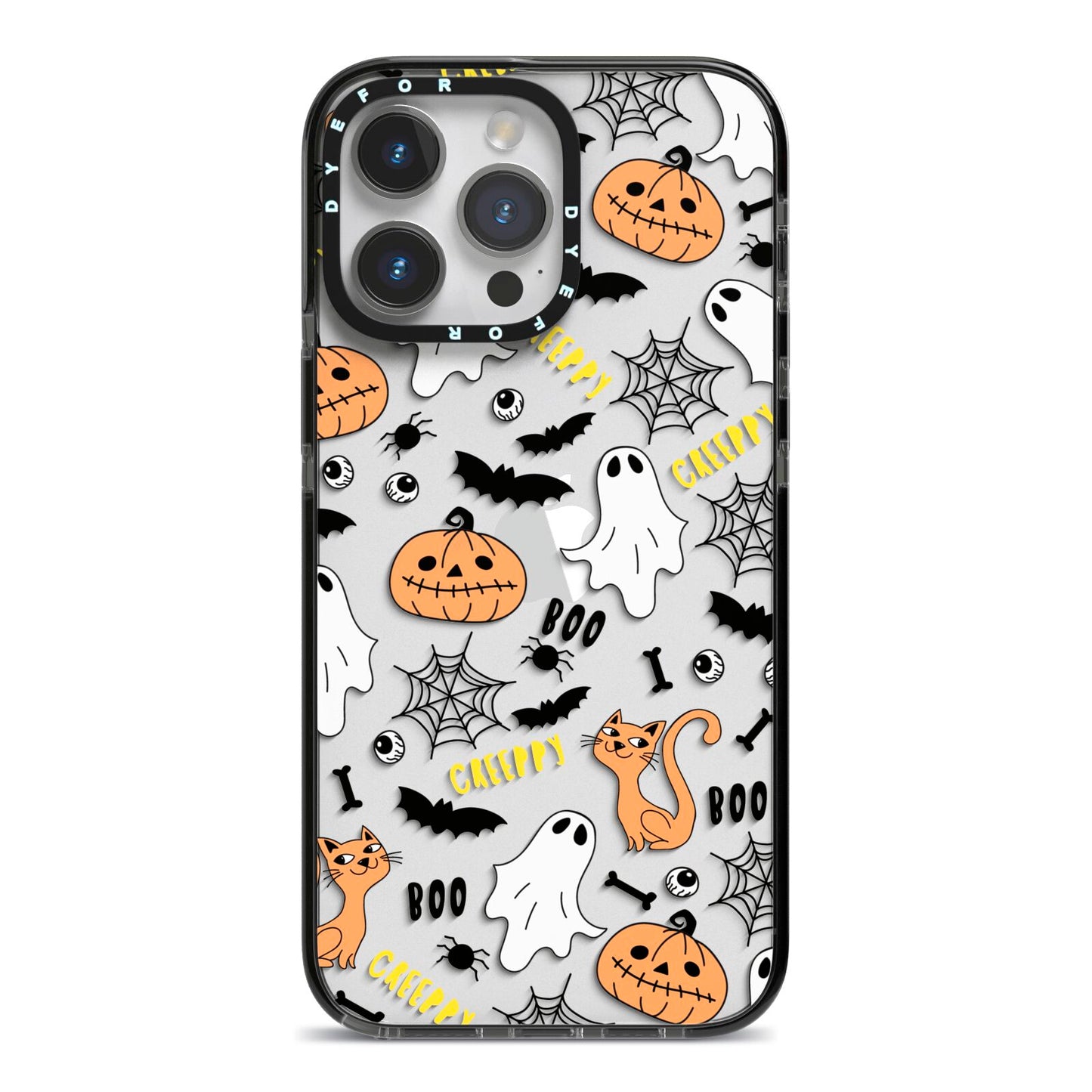 Cute Colourful Halloween iPhone 14 Pro Max Black Impact Case on Silver phone