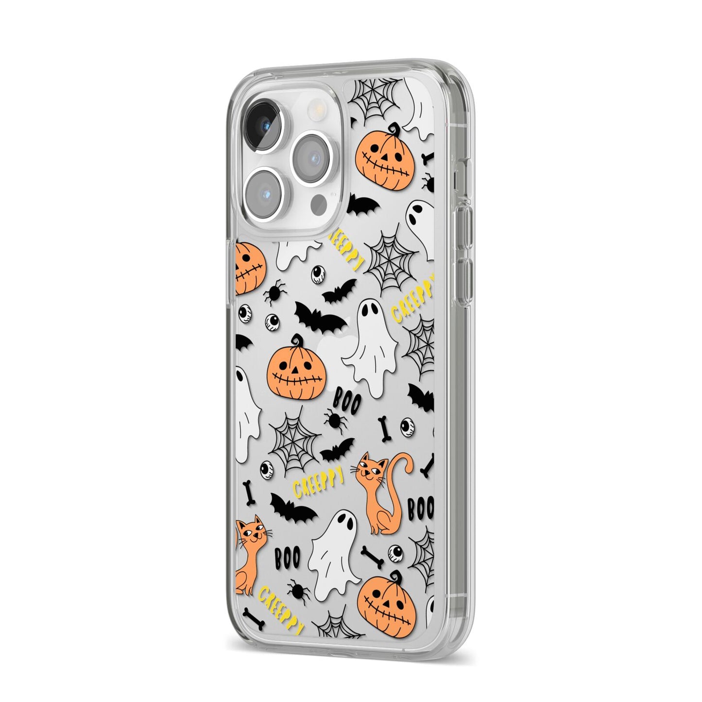 Cute Colourful Halloween iPhone 14 Pro Max Clear Tough Case Silver Angled Image