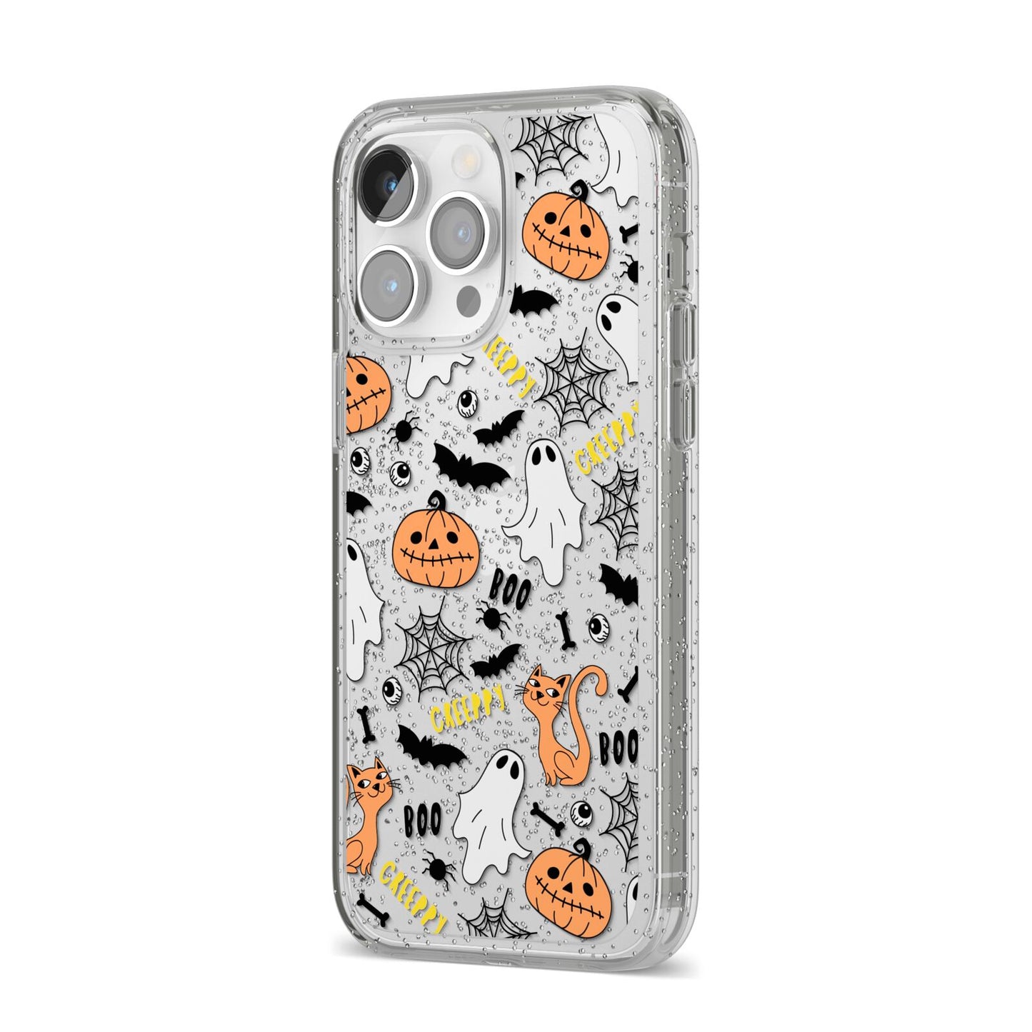 Cute Colourful Halloween iPhone 14 Pro Max Glitter Tough Case Silver Angled Image