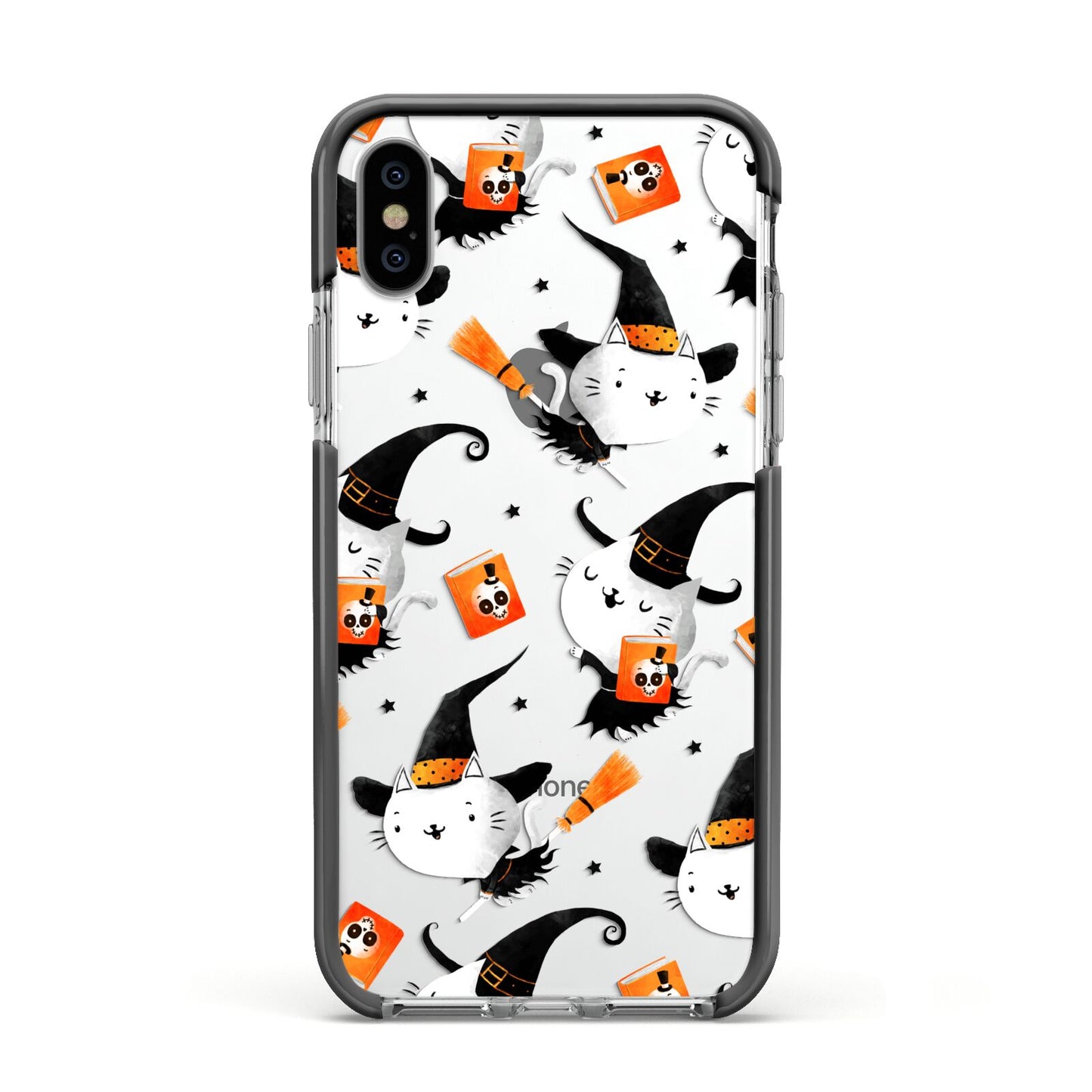 Cute Halloween Cats Apple iPhone Xs Impact Case Black Edge on Silver Phone