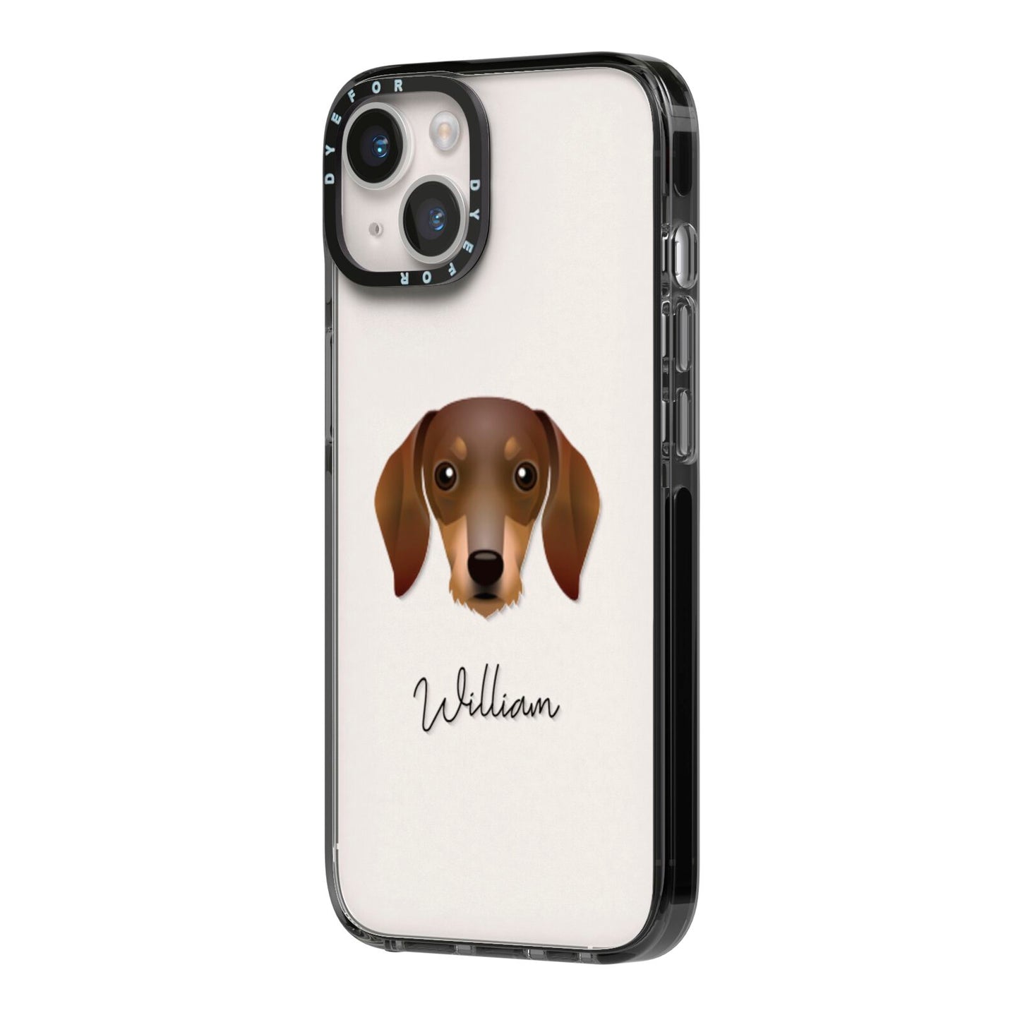 Dachshund Personalised iPhone 14 Black Impact Case Side Angle on Silver phone